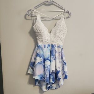 White Lace and Blue Watercolor Floral Romper